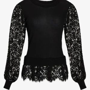 Lace sleeve Crew Neck Black Blouse